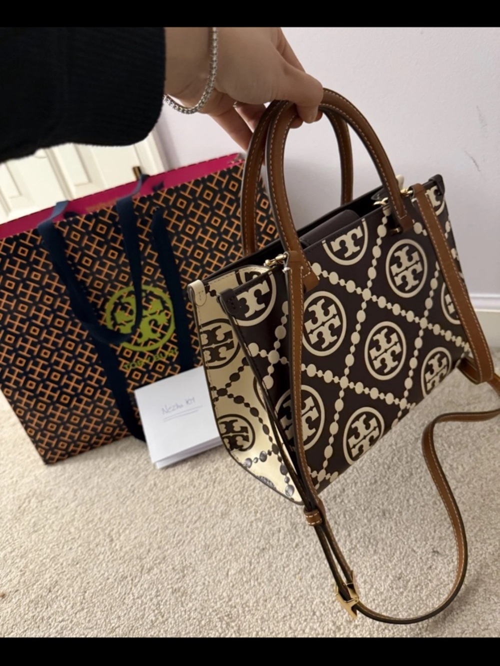 NWT Tory Burch T-Monogram Contrast Embossed Square Tote Marron/New Cream Rare